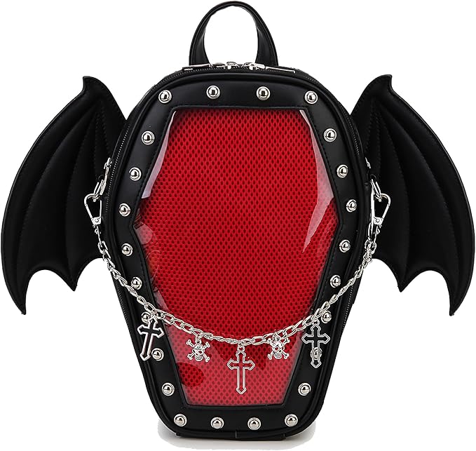 Coffin Backpack with Detachable Bat Wings With inserts for Enamel Pins Display
