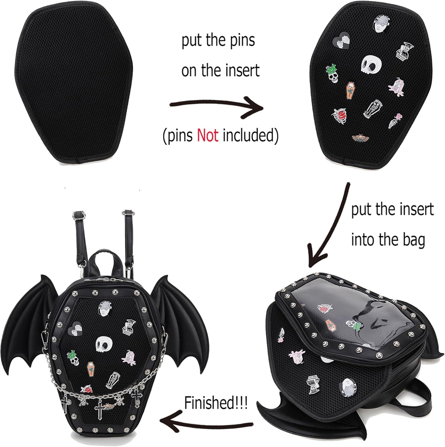 Coffin Backpack with Detachable Bat Wings With inserts for Enamel Pins Display